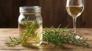 Barattolo con rosmarino in infusione nel vino bianco su tavolo di legno, con rametti freschi e calice sullo sfondo