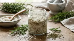 Barattolo di sale grosso aromatizzato al rosmarino su tavolo di legno con rametti di rosmarino e mortaio