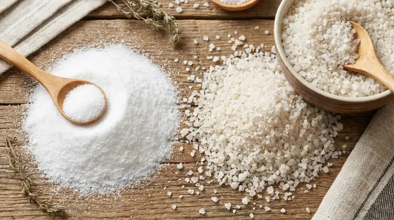 Sale fino e sale marino grosso su un tavolo di legno con cucchiai, per confronto tra sale iodato e marino