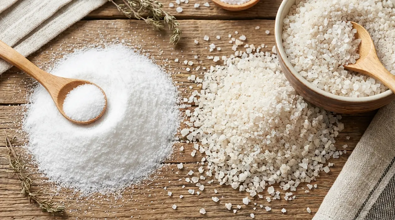 Sale fino e sale marino grosso su un tavolo di legno con cucchiai, per confronto tra sale iodato e marino