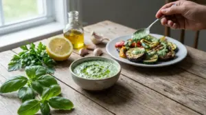 Ciotola di salsa verde alle erbe con olio e limone, servita su verdure grigliate in un piatto