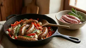 Salsicce rosolate in padella con peperoni, cipolle, aglio e aromi, accanto a salsicce crude in una ciotola