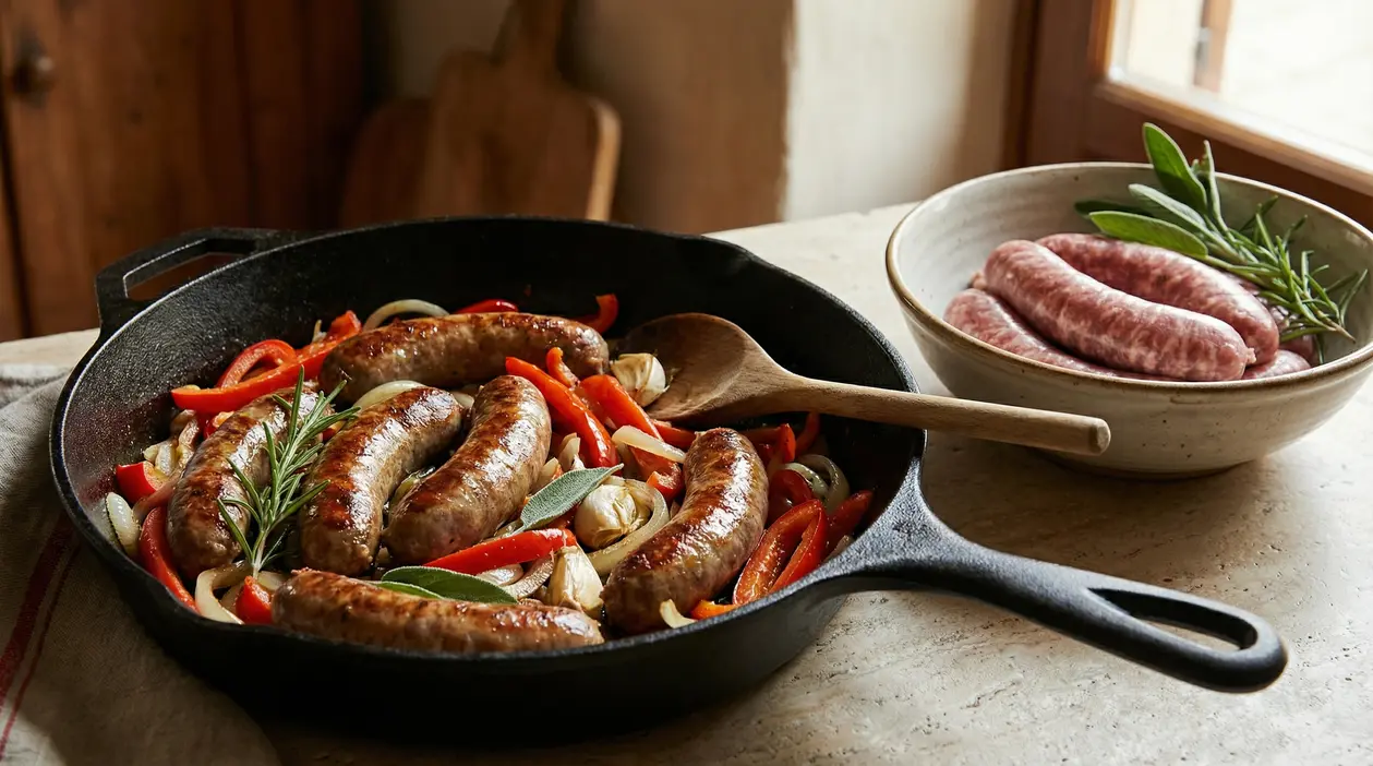 Salsicce rosolate in padella con peperoni, cipolle, aglio e aromi, accanto a salsicce crude in una ciotola