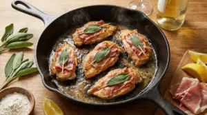 Saltimbocca alla romana in padella: fettine di carne con prosciutto e salvia che cuociono nel burro