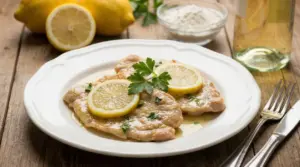 Scaloppine al limone in salsa, servite su piatto bianco con fette di limone e prezzemolo