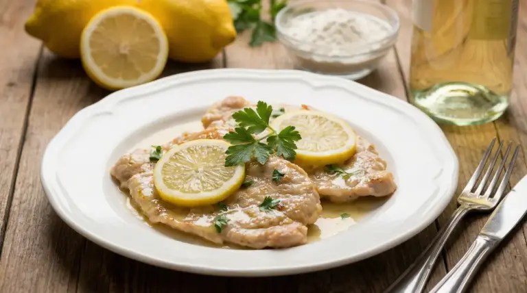 Scaloppine al limone in salsa, servite su piatto bianco con fette di limone e prezzemolo