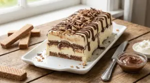 Semifreddo con strati di wafer e crema, guarnito con cioccolato, servito su vassoio con Nutella e panna