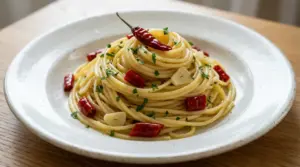 Piatto di spaghetti aglio, olio e peperoncino con peperoncino rosso e scaglie di aglio in primo piano