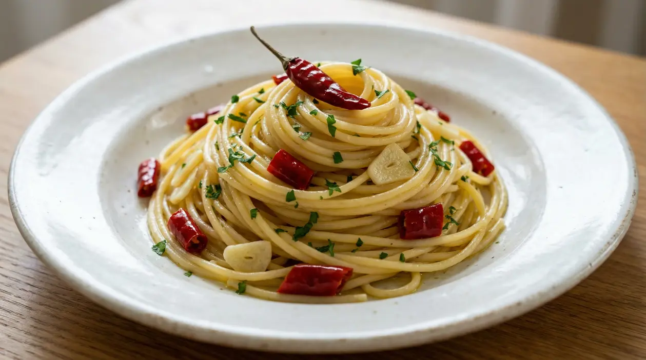 Piatto di spaghetti aglio, olio e peperoncino con peperoncino rosso e scaglie di aglio in primo piano