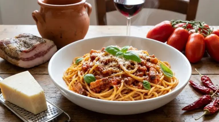 Piatto di spaghetti all’amatriciana con sugo al pomodoro, guanciale, formaggio grattugiato e basilico