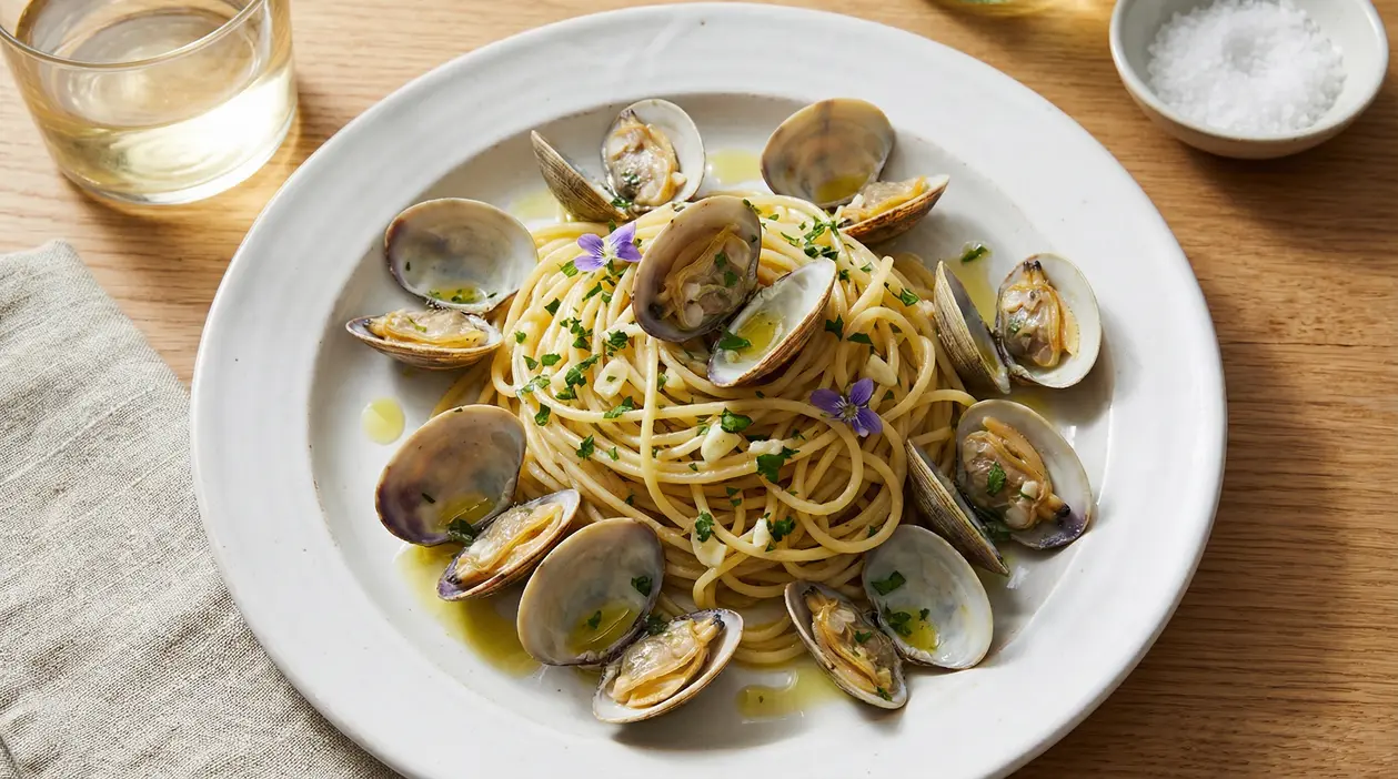 Piatto di spaghetti alle vongole con prezzemolo e olio extravergine, servito in un piatto bianco