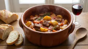 Spezzatino di manzo con patate e carote in coccio, fumante sul tavolo con pane e un bicchiere di vino rosso