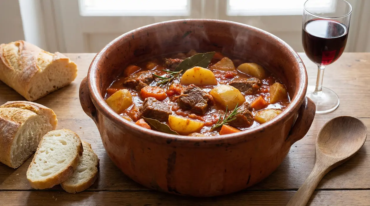Spezzatino di manzo con patate e carote in coccio, fumante sul tavolo con pane e un bicchiere di vino rosso