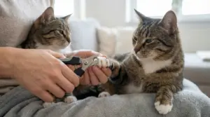 Persona che taglia le unghie a un gatto tigrato con tronchesine, tenendo delicatamente la zampa sul divano