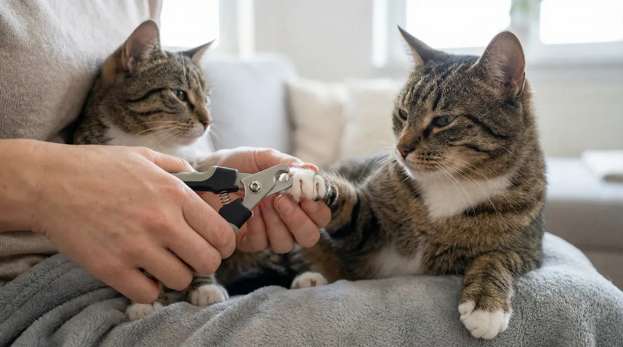 Persona che taglia le unghie a un gatto tigrato con tronchesine, tenendo delicatamente la zampa sul divano