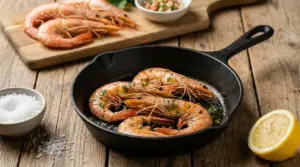 Mazzancolle in padella di ghisa con olio, prezzemolo e limone su tavolo di legno