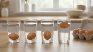 Uova immerse in bicchieri d’acqua su un tavolo, una galleggia in superficie per il test di freschezza