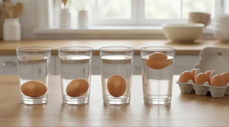 Uova immerse in bicchieri d’acqua su un tavolo, una galleggia in superficie per il test di freschezza
