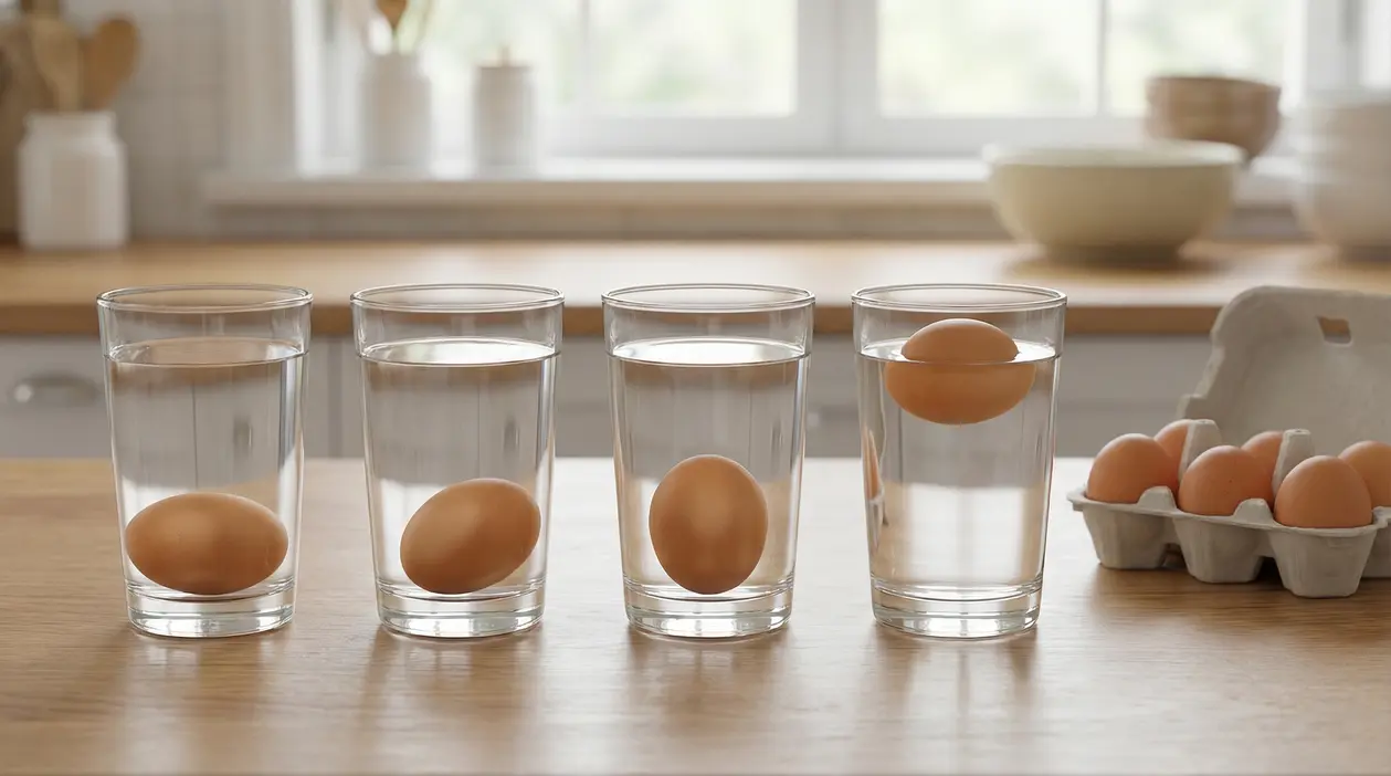 Uova immerse in bicchieri d’acqua su un tavolo, una galleggia in superficie per il test di freschezza