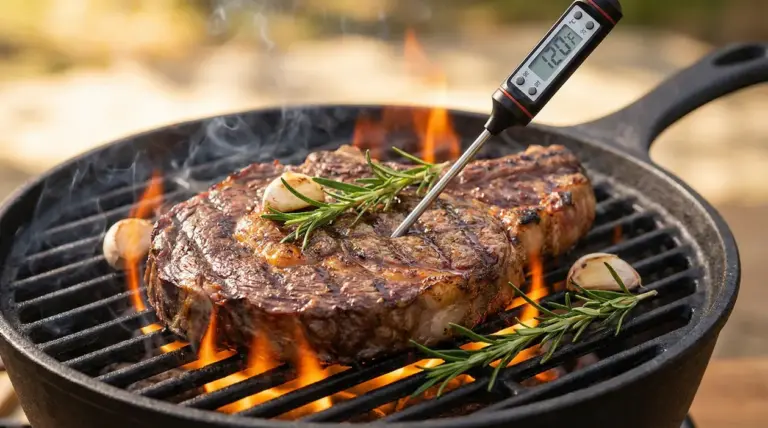 Bistecca alla griglia con termometro da cucina inserito, fiamme vive e rosmarino