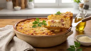 Timballo di riso al forno con provola filante e prosciutto, una fetta sollevata dalla teglia con prezzemolo