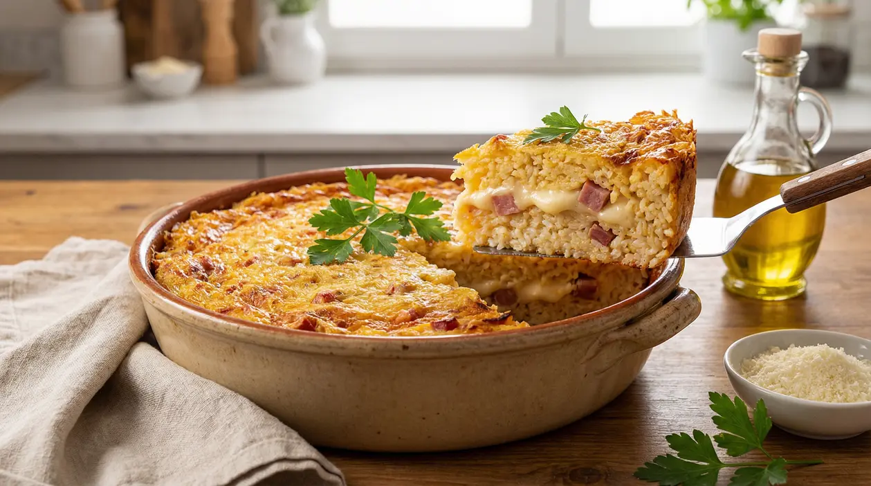 Timballo di riso al forno con provola filante e prosciutto, una fetta sollevata dalla teglia con prezzemolo