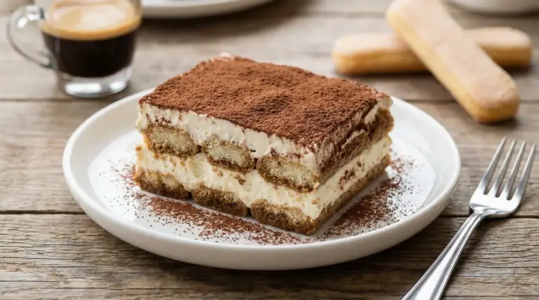 Fetta di tiramisù leggero su piatto bianco con cacao in superficie, accanto a una tazzina di caffè