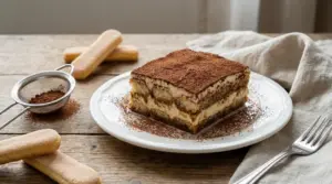 Fetta di tiramisù classico con cacao in polvere su piatto bianco, con savoiardi e setaccio sul tavolo