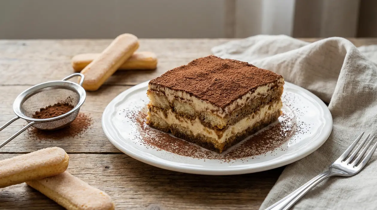 Fetta di tiramisù classico con cacao in polvere su piatto bianco, con savoiardi e setaccio sul tavolo