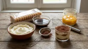 Ingredienti e tiramisù in bicchiere con crema, savoiardi e cacao su tavolo di legno