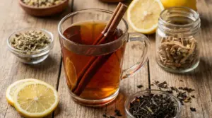 Tisana calda in tazza di vetro con stecche di cannella, limone e erbe secche su tavolo di legno
