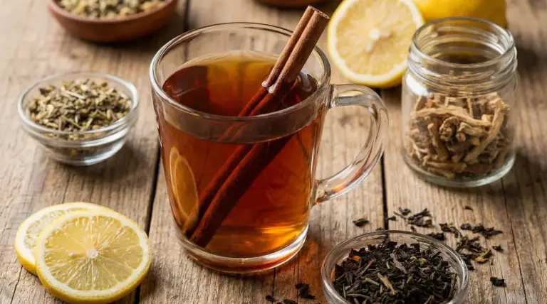 Tisana calda in tazza di vetro con stecche di cannella, limone e erbe secche su tavolo di legno