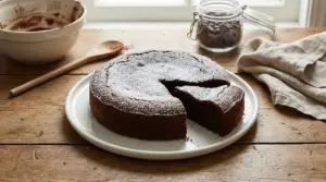 Torta al cioccolato con zucchero a velo su piatto bianco, con una fetta tagliata su tavolo in legno