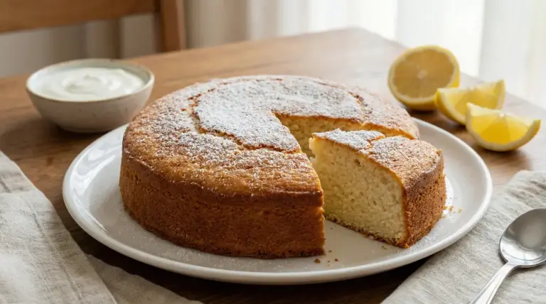 Torta allo yogurt con una fetta tagliata, spolverata di zucchero a velo, con limone e ciotola di yogurt sul tavolo