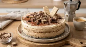 Torta fredda wafer e caffè con cacao, chicchi di caffè e pezzi di wafer al cioccolato su piatto in cucina