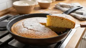 Torta cotta in padella con zucchero a velo, una fetta sollevata dalla padella su piano cucina