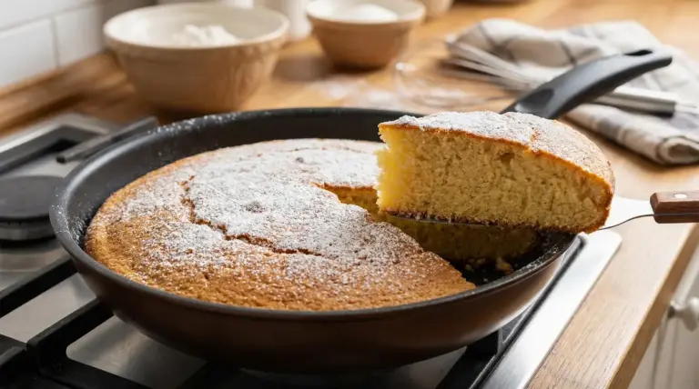 Torta cotta in padella con zucchero a velo, una fetta sollevata dalla padella su piano cucina