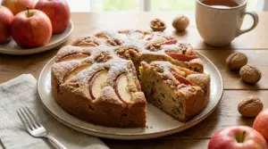 Torta light con mele e noci a fette, servita su un piatto con mele fresche e una tazza sul tavolo