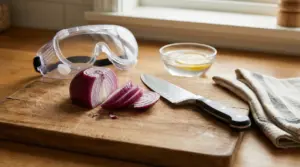 Cipolla rossa tagliata su tagliere con coltello, occhiali protettivi e ciotola d’acqua al limone