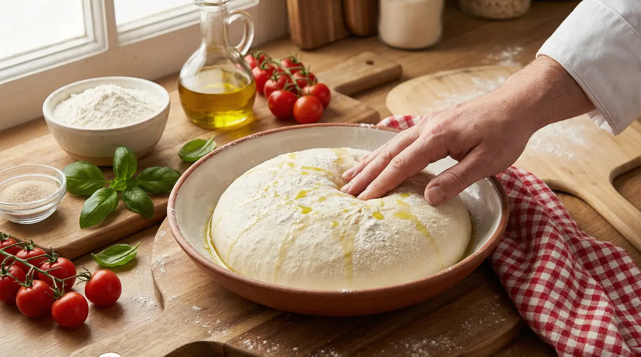 Mano che controlla un impasto per pizza lievitato in ciotola con olio, farina, lievito e pomodorini sul tavolo