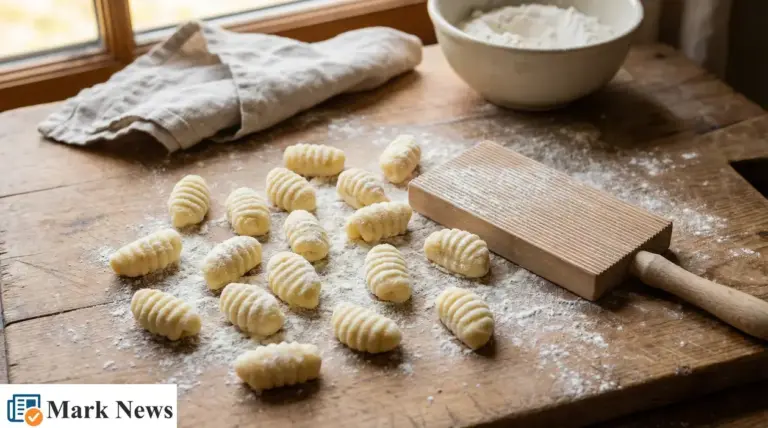 Gnocchi fatti in casa infarinati su tavolo di legno con rigagnocchi e ciotola di farina vicino alla finestra