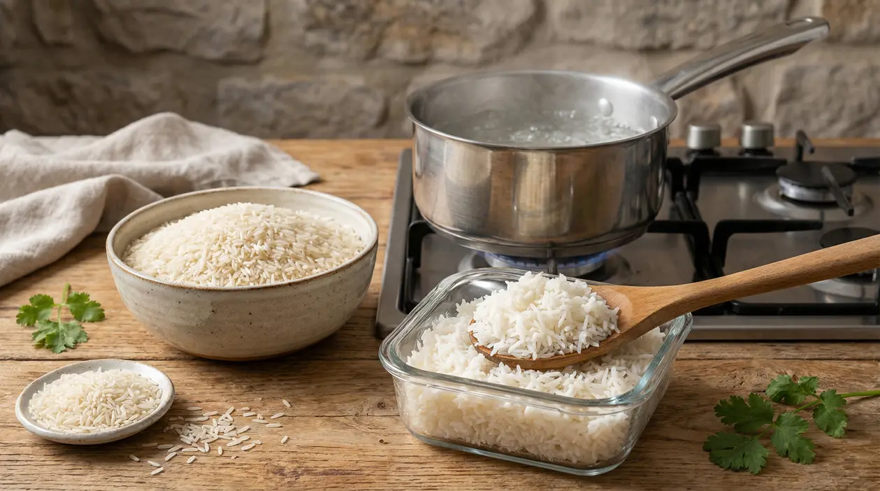 Riso basmati crudo e cotto con pentola sul fornello e contenitore di riso raffreddato su tavolo di legno