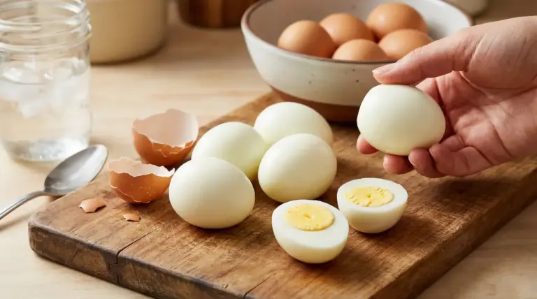 Mano che tiene un uovo sodo sgusciato su tagliere con uova sode e gusci, vicino a un barattolo con acqua e ghiaccio