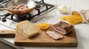 Ingredienti per la carbonara su tagliere: guanciale, tuorli d’uovo e pecorino, con padella sul fornello