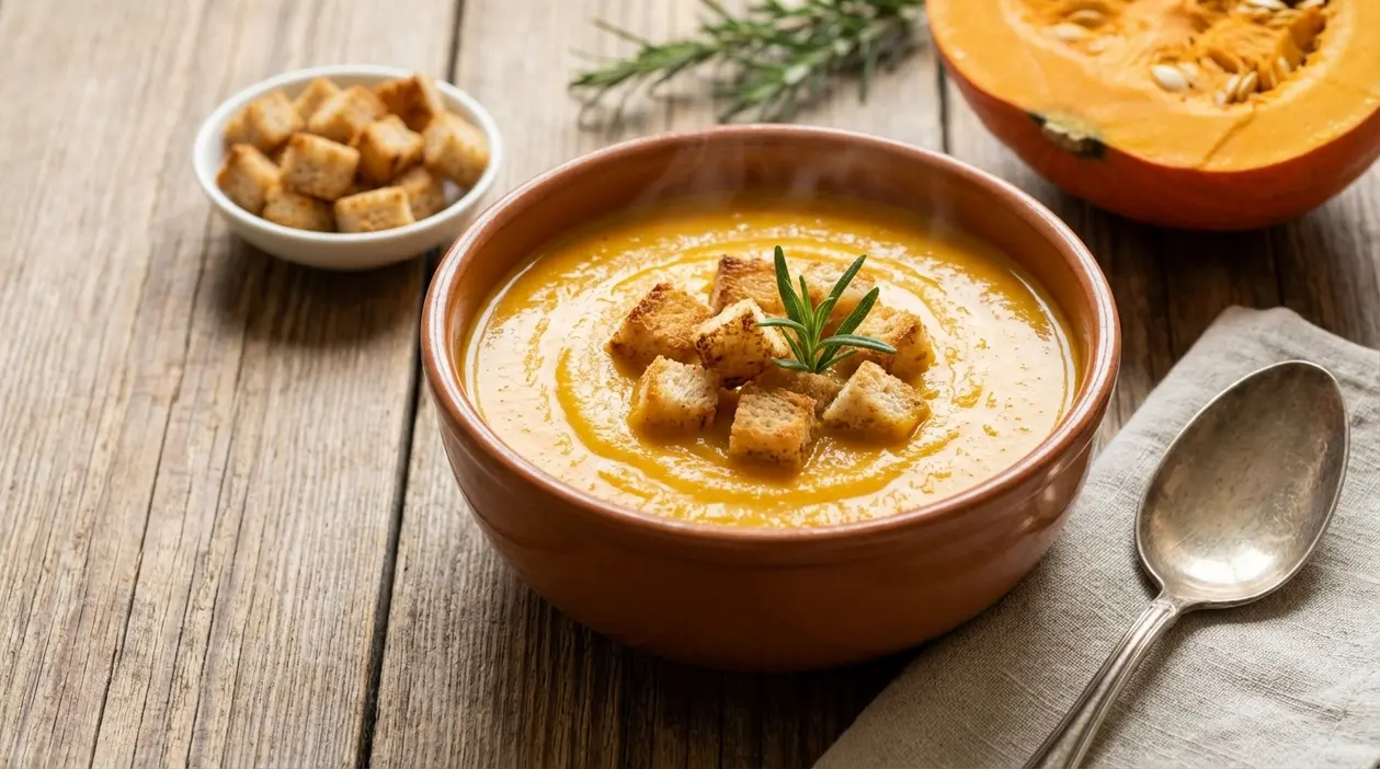 Ciotola di vellutata di zucca cremosa con crostini e rosmarino su tavolo rustico
