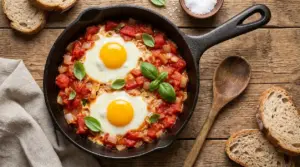 Uova al tegamino con pomodoro e cipolla in padella di ghisa, servite con pane rustico