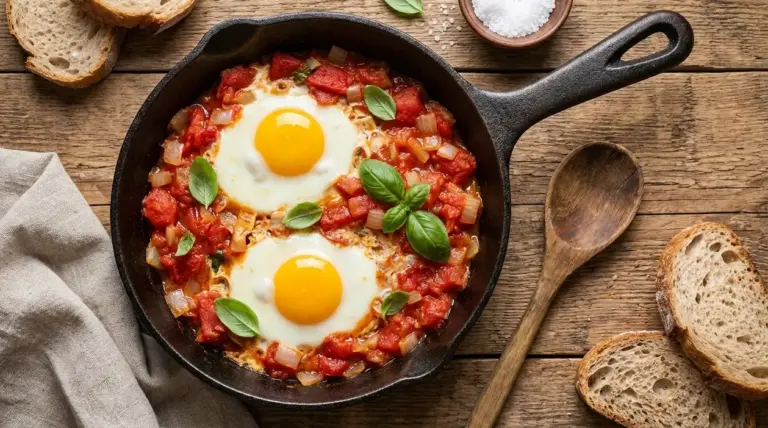 Uova al tegamino con pomodoro e cipolla in padella di ghisa, servite con pane rustico