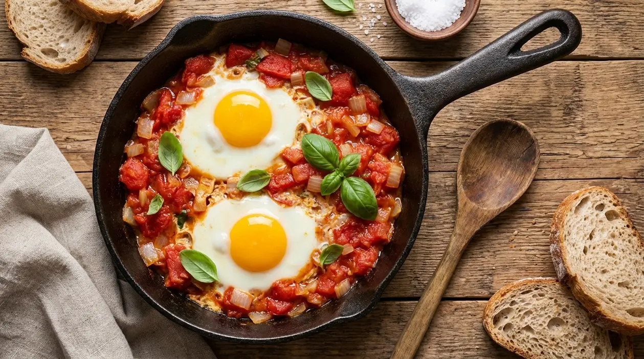 Uova al tegamino con pomodoro e cipolla in padella di ghisa, servite con pane rustico