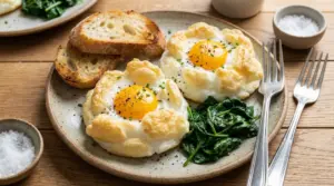 Uova alla Jova soffici con tuorlo morbido, servite con spinaci saltati e fette di pane tostato su piatto.