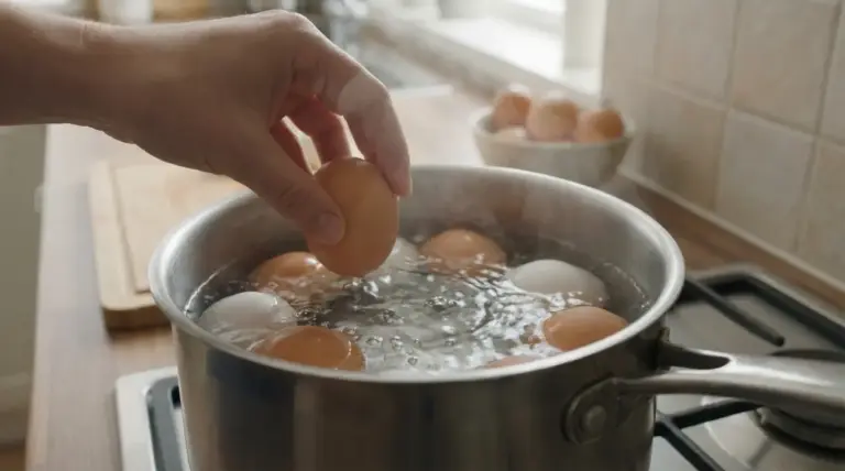 Mano che immerge un uovo in una pentola d’acqua bollente con altre uova sul fornello